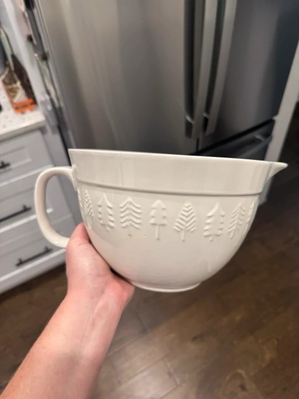 Cream Ceramic Mixing Bowl with Handle and Embossed Tree Detail